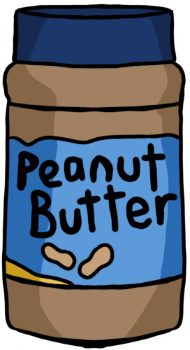 a jar of peanut butter with slightly wobbly black lines. It's a brown jar with a blue lid and light blue label that says 'Peanut Butter' and has a picture of two peanuts on it.